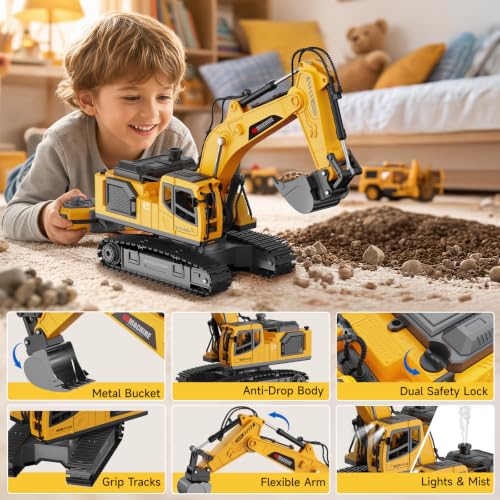 Noizka Remote Control Excavator Toy for Boys, 3-in-1 RC Excavator with Alloy Bucket, Breaker & Grapple, Construction Vehicle Toys with Lights & Sounds, 2×1200mAh Batteries, Birthday Gift for Kids 8-12