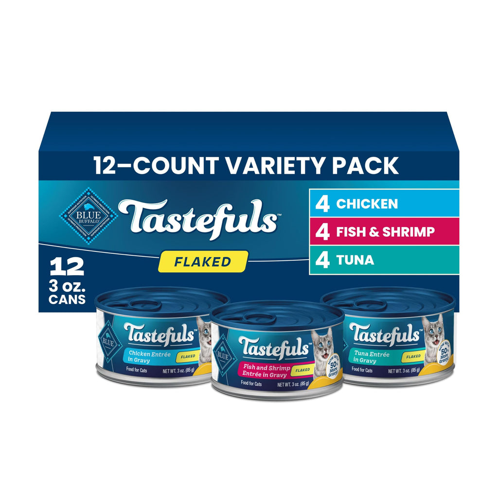 Blue Buffalo Tastefuls Variety Pack Wet Cat Food, 3 oz, 12 ct | Tuna, Chicken & Fish and Shrimp Entrées in Gravy (4 of Each), No Corn, Wheat, or Soy