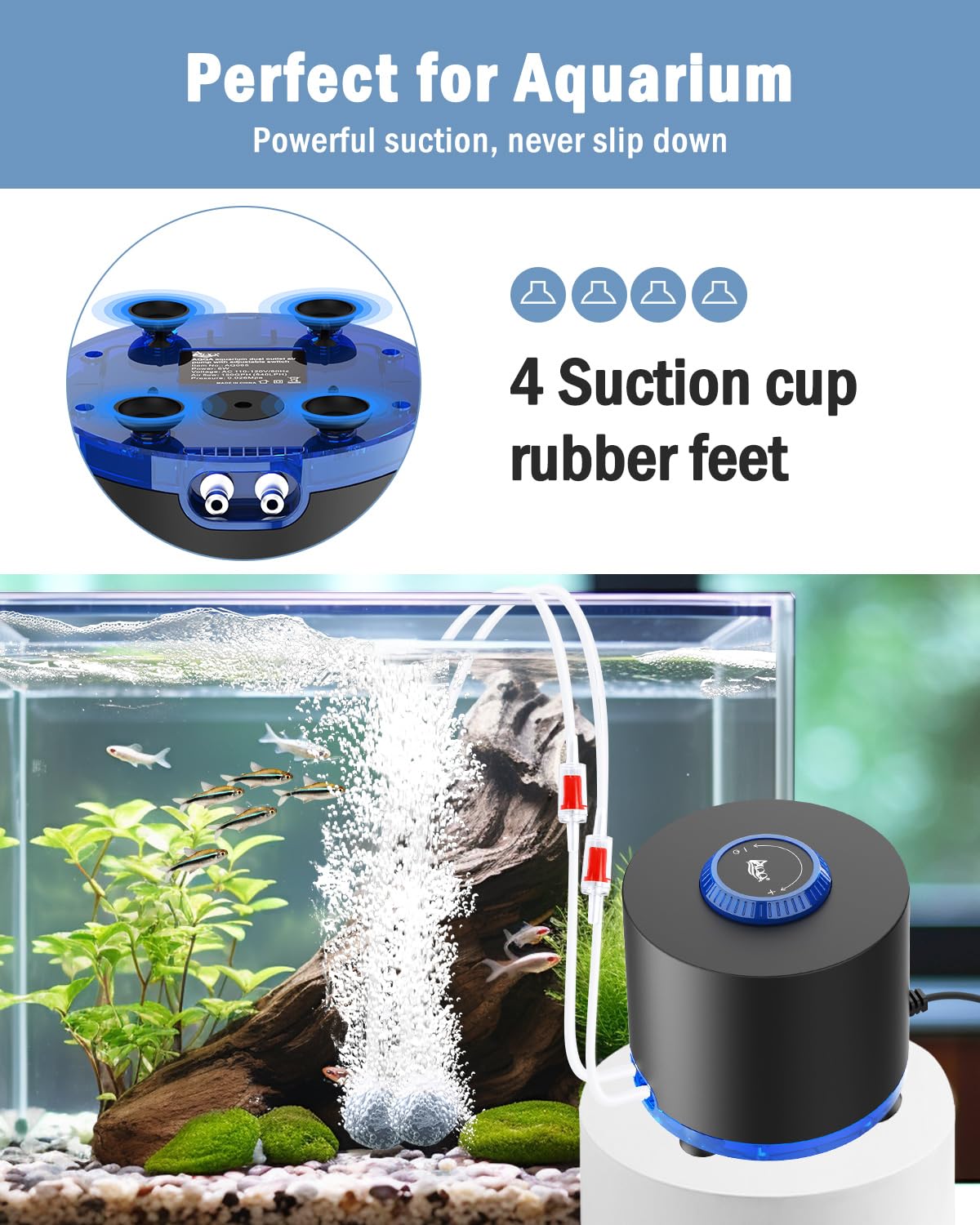 AQQA Aquarium Air Pump, 3W Powerful Dual Outlet Adjustable Oxygen Aerator