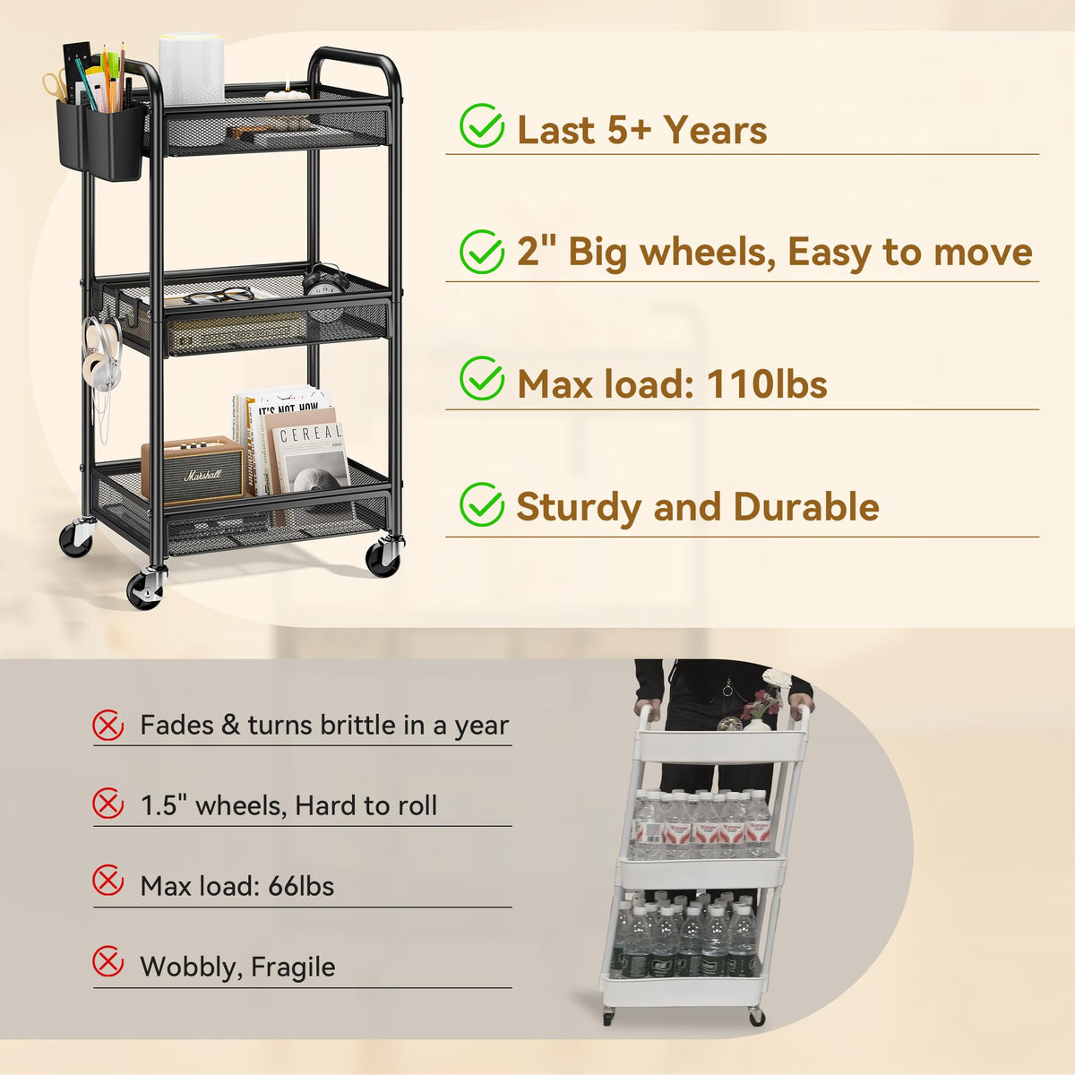 YASONIC 3 Tier Metal Rolling Cart, Black Utility Storage Cart with Wheels | Metal Mesh Craft Cart With Hooks & Hanging Cups, Ideal For Kitchen, Bathroom, Office, Dorm, Art Workspace, Bedside Storage