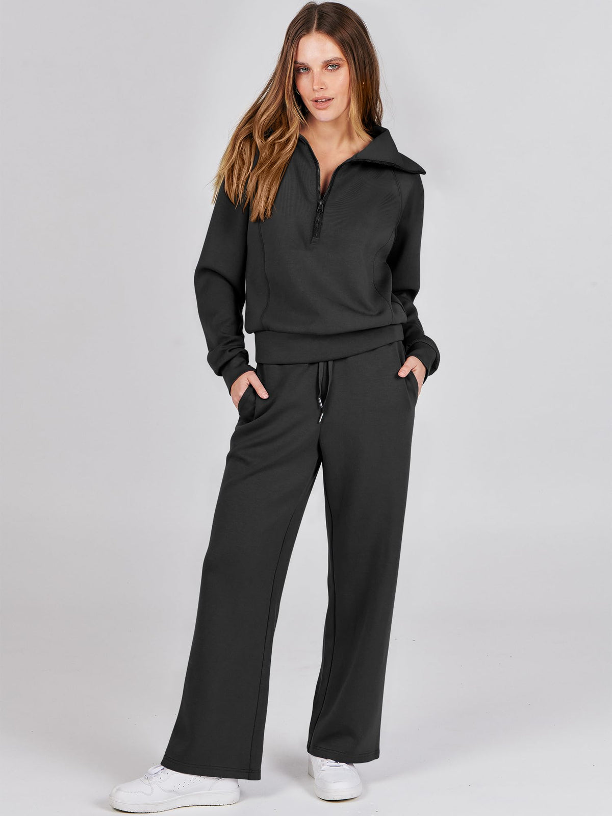ANRABESS Women 2 Piece Set Sweatsuits Lounge Fall Outfits | Quarter Zip Pullover Wide Leg Pants & Pockets Matching Set,Casual Travel Fashion Airport Vacation Clothing,Sweat Track Suits