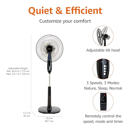 Amazon Basics 16" Pedestal Fan with Remote for Bedroom, Living Room, Office, Adjustable Height, Dual-Layered Blades, 3 Speeds, 3 Modes, Timer, Tilt Head, 60W, Black