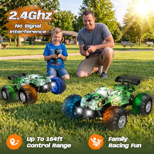 Remote Control Car All-Terrain 1:18 Rc Car with LED Lights 2 Batteries | 2WD Rc Truck, 50Min Play, 2.4GHz, 20KM/H Sturdy Off Road Remote Control Truck Toys for Boys Girls, Christmas Birthday Gift