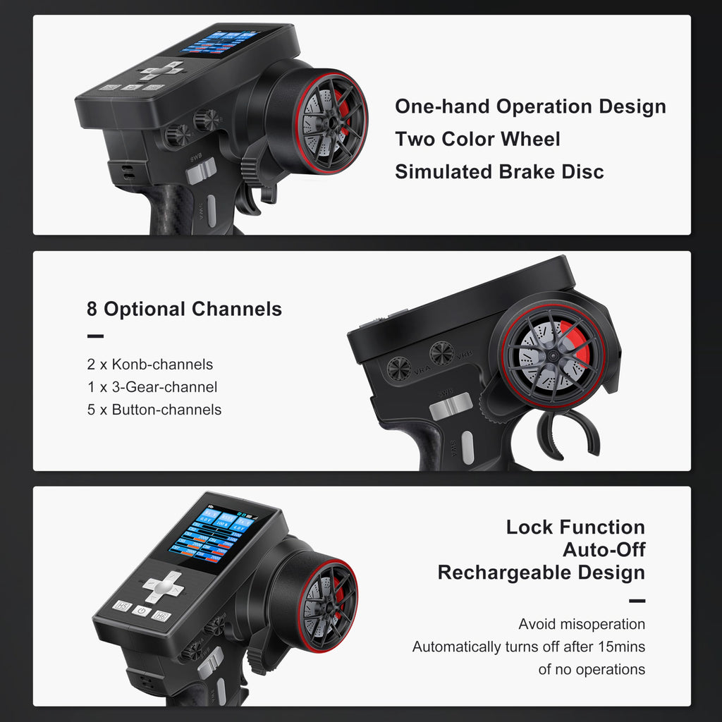 MEUS RACING ME-8B RC Transmitter 8 Channels 2.4GHz and Receiver for 1/8 1/10 1/18 1/24 RC Crawler Car Boat TRX4 TRX4M SCX10 SCX24 Upgrades Parts (Black)
