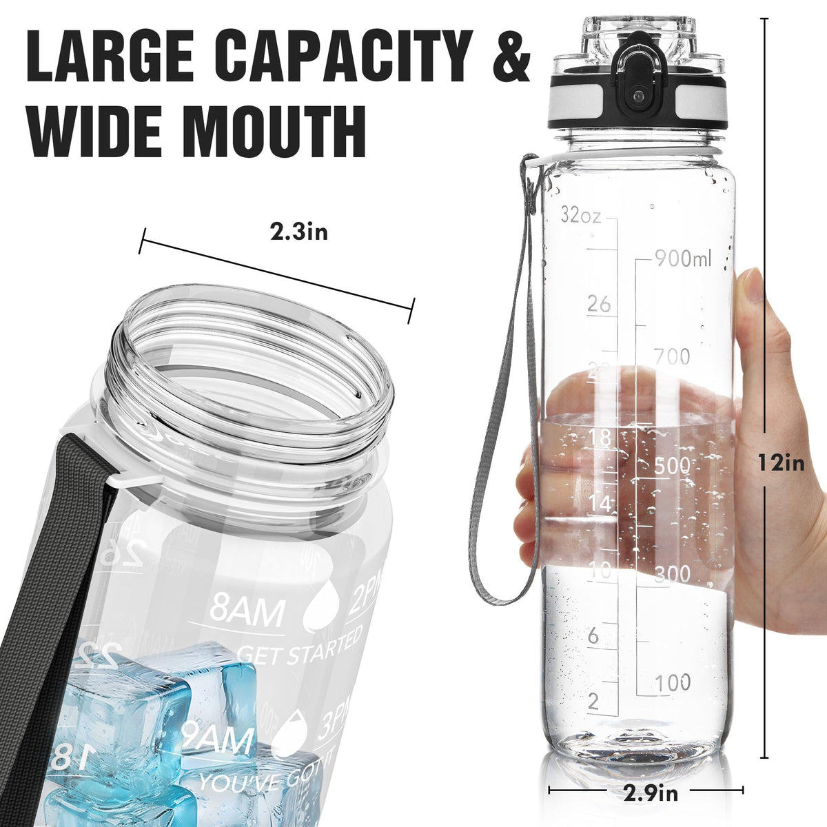 OLDLEY Water Bottle, 32oz Motivational Sports Water Bottle with Time Marker - Times to Drink - Tritan, BPA Free, Wide Mouth Leakproof, Clear (1 Bottle)