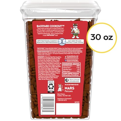 Temptations MixUps Crunchy and Soft Cat Treats, Cookout Flavor, 30 oz | Chicken, liver & beef flavors, under 2 calories per treat, 100% complete & balanced for adult cats, resealable stay-fresh tub