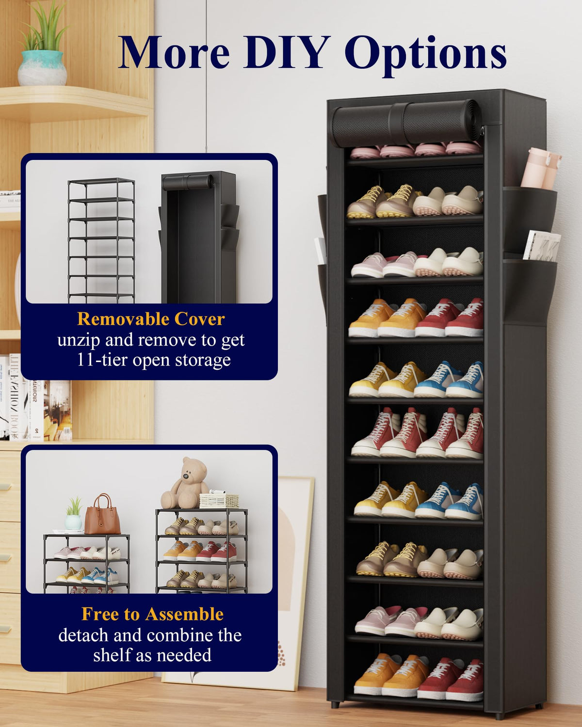 Kitsure 10-Tier Shoe Rack with Cover, Vertical Shelf, 17.5" Wide, Black | Space Saving Shoe Storage with Side Pocket, Shoe Organizer for Closet, Entryway, Bedroom, Zapateras Cabinet