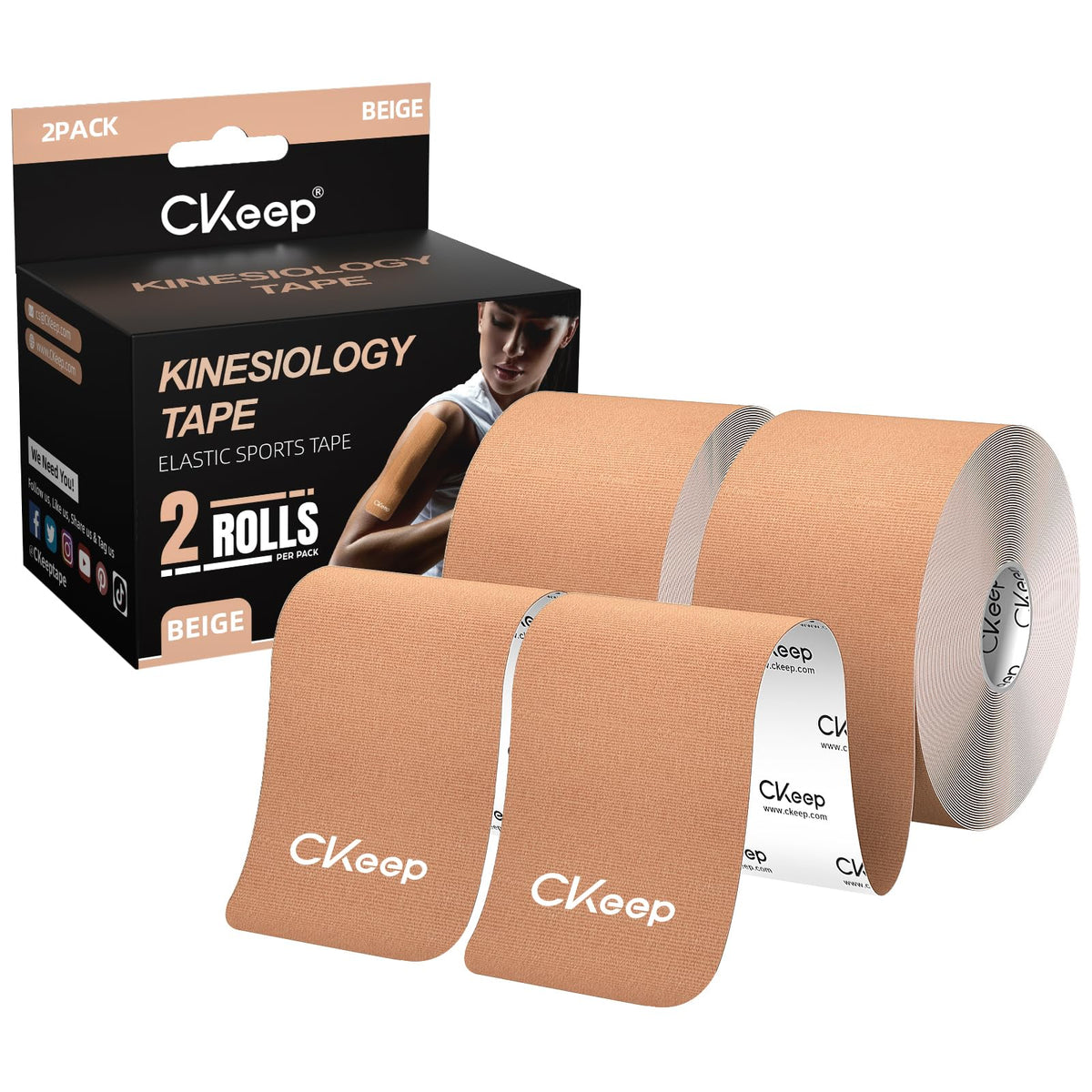 CKeep Kinesiology Tape, Uncut Premium Elastic Athletic Tape 2 Rolls, Beige | Original Cotton Latex Free Kinetic Tape, Breathable & Water Resistant Sports Tape for Muscle and Joint Support, 2inch x 16ft