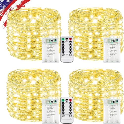 KAQ Fairy Lights Battery Operated with Remote, 4Pack 80FT 240LED Warm White | Timer & 8 Modes, Waterproof Wire, Memory, Cuttable Starry Twinkle String Lights for Bedroom Wedding Classroom Christmas Decor