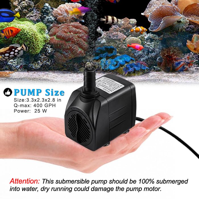 PULACO 400GPH Submersible Pump with 5 ft Tubing | 1500L/H 25Watt durable fountain water pump for Pond Fountain, Aquariums Fish Tank, Statuary, Hydroponics