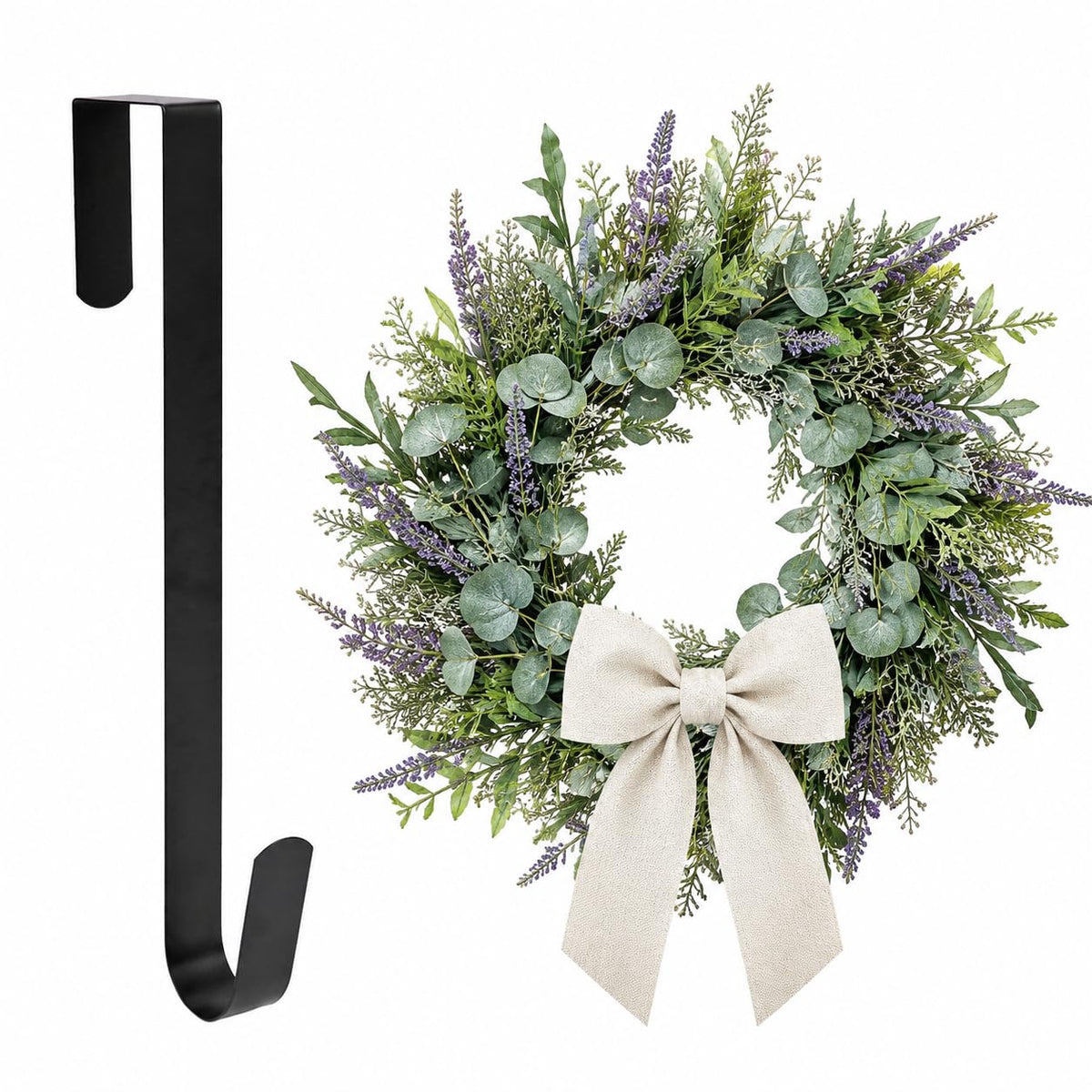 Sattiyrch 15" Wreath Hanger for Front Door, Over the Door Wreath Hook | No drilling or screws,closes normally,holds up to 22 lbs for everyday and seasonal wreaths.Black,1 Pack