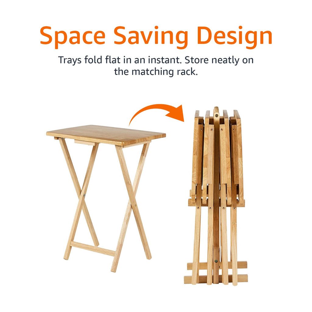 Amazon Basics Classic Foldable TV Dinner Tray Table with Storage Rack, 14.6 L x 19 W x 26 H inch, Natutral, 4-Pack