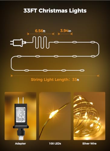 Minetom Fairy Lights Plug in, 33Ft 100LEDs String Lights for Bedroom | Adaptor Included, Waterproof Silver Wire Led Lights for Wedding Patio Indoor Outdoor Christmas Decorations, Warm White