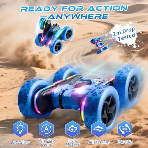 Zalneo Remote Control Stunt Car 4WD 360° Flip Double‑Sided RC Cars, LED Light Bar, USB‑C Modular Battery, 2.4 GHz Outdoor Beach Toy for Boys 6‑12 Years Old, Birthday & Christmas Kids Gift, Blue