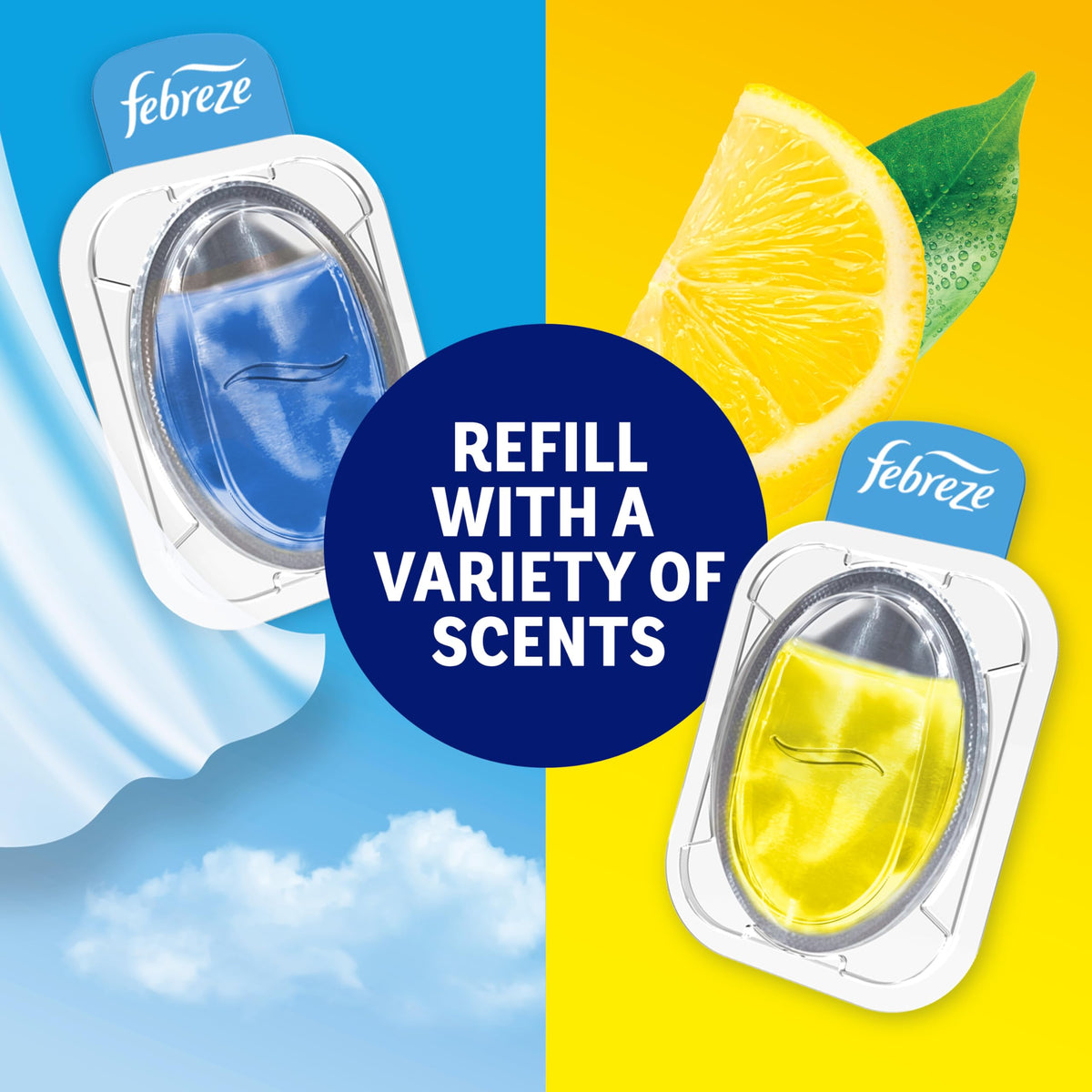 Febreze Odor Fighter, Can Air Freshener, Stick-On Deodorizer for Garbage Cans, Diaper Pails, Works with Scented Bags, Fresh Lemon and Linen & Sky Scents, 2 Holders + 2 Refills