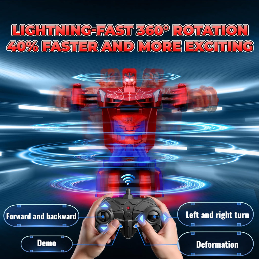 Spider Transform RC Cars Toys with Eye & Underbody Lights, 2.4GHz Remote Control Car One-Button Deformation, Fast 360°Rotation Robot Toys Birthday Gifts for 3 4 5 6 7 8 9 10 Year Old Boys Age 4-7 8-12