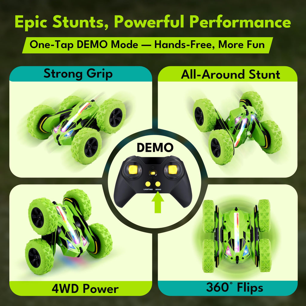 Threeking Remote Control Car Rc Flip Stunt Cars Toys Gifts for Kids Ages 6+ | Upgraded USB-C Modular Batteries 4WD Unique AUTO DEMO RGB Eye-Friendly Lights 360° Flips Double Sided Driving Stunt Car
