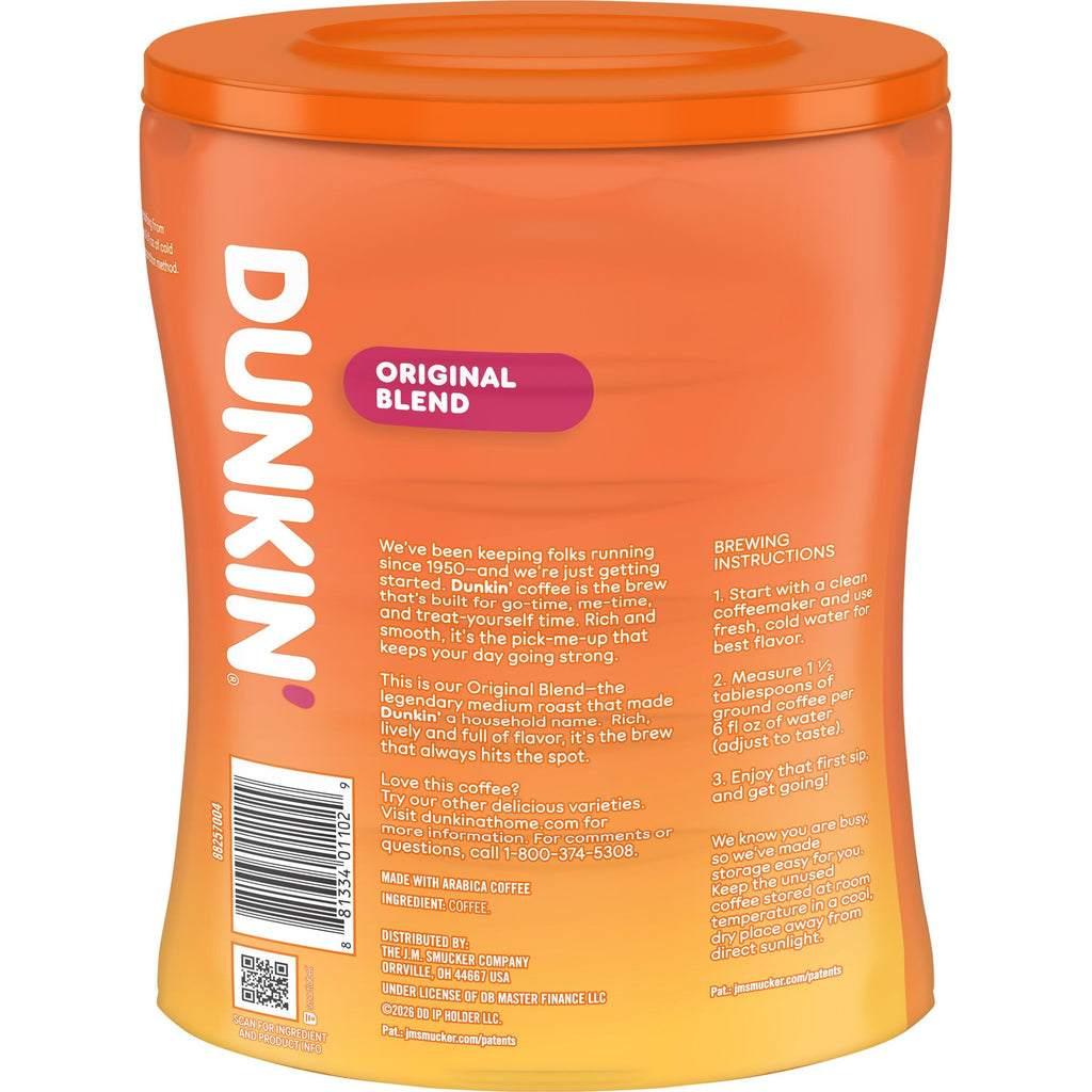 Dunkin’ Original Blend Medium Roast Ground Coffee, 30 Oz. Canister | Made with Arabica beans, rich & smooth flavor, stay-fresh coffee canister, easy-drinking medium roast, great hot or iced