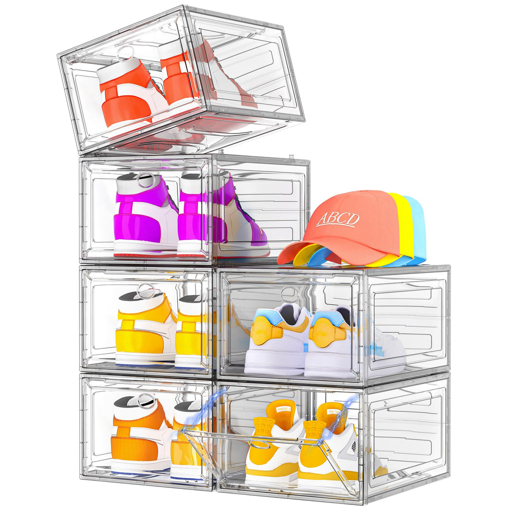 Sturdy Clear Shoe Organizer with Magnetic Door, Stackable Shoe Storage Box | Thick Plastic Shoe Storage for Sneakers & Boots, Collapsible Closet Shoe Rack and Clear Shoe Box, 6 Pack White