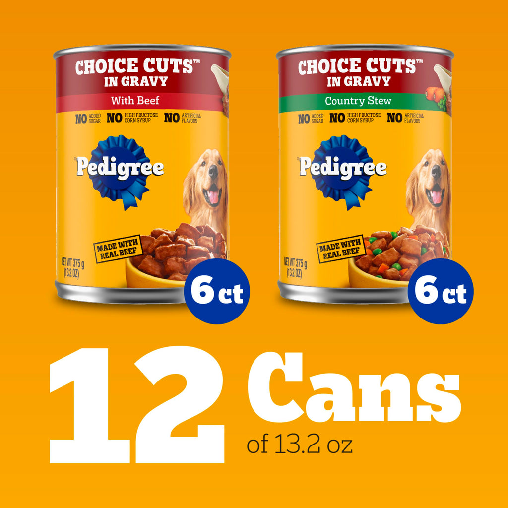 Pedigree Choice Cuts Wet Dog Food, Beef & Country Stew, 13.2 oz, 12 Count | Beef & Country Stew flavors, 100% complete & balanced, 50%+ water for hydration, made with real beef, choice cuts in gravy