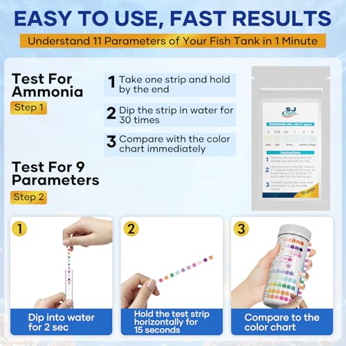 11 in 1 - Aquarium Test Strips | 950 Tests - 150 Strips | Fish Tank Aquariums Water Test Kit & ebook | Aquarium Thermometer | Fish Tank Water Testing Kit Includes 50 Ammonia Strips | Versatile Usage