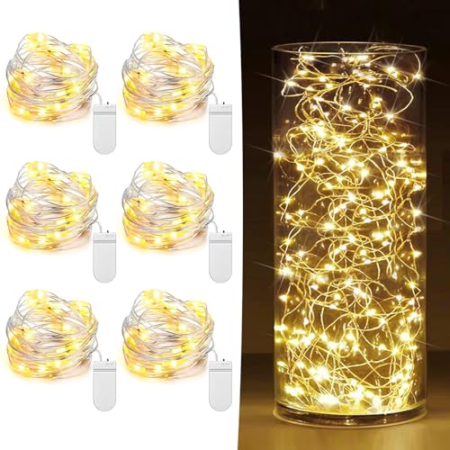 6 Pack Fairy Lights Battery Operated 7ft 20 LED Mini String Lights Twinkle Lights Silver Wire Firefly Starry Moon Lights for Mason Jars Wedding Party Christmas Centerpiece Table Decorations,Warm White