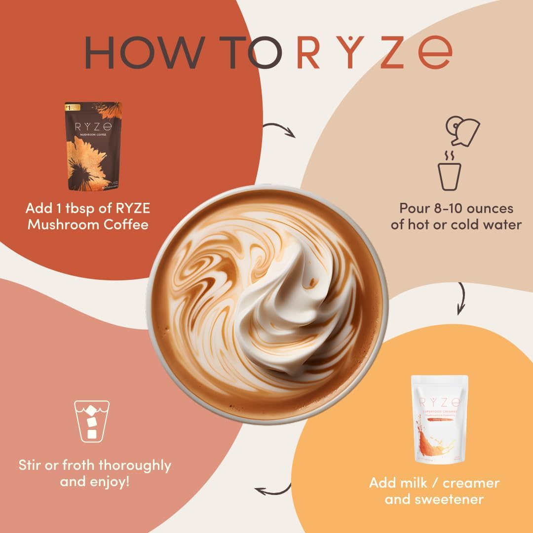 RYZE Organic Mushroom Coffee, Medium Roast, Adaptogenic Blend, 30 Servings | 6 Adaptogenic Mushrooms including Lion's Mane, Turkey Tail & Cordyceps, Made with Organic Coffee, Gluten Free, Vegan