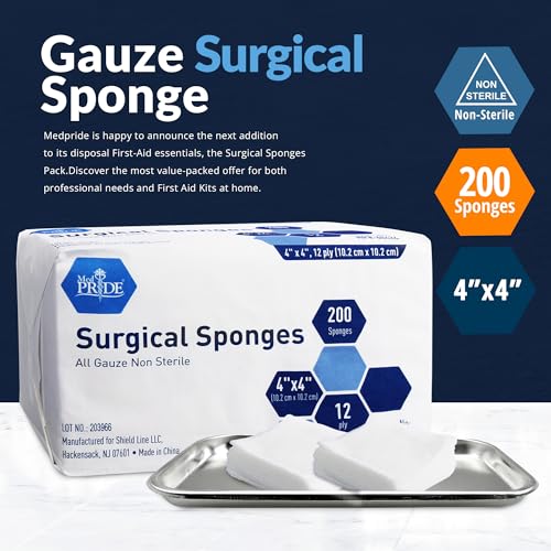 MED PRIDE Surgical Gauze Sponges,4 x 4 in,Non-Sterile,200-Count Pack (4x4 12 Ply)