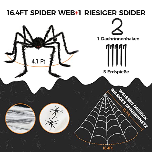 Halloween Decorations Outdoor Spider Webs:1Pcs Giant Spiders-Outdoor Use | 200'' Triangular Web with Hook-Stretch Web and Ground Stakes for Large Halloween Decor and Haunted House Decoration(4.1FT)