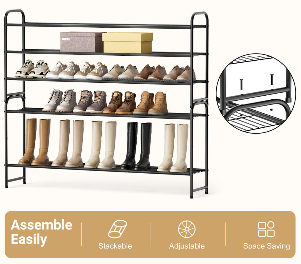 KEETDY 3-Tier Long Shoe Rack for Closet Metal Shoe Organizer for Entryway, Wide Stackable Shoe Storage Shelf with Sturdy Wire Grid for Closet Floor, Bedroom, Black