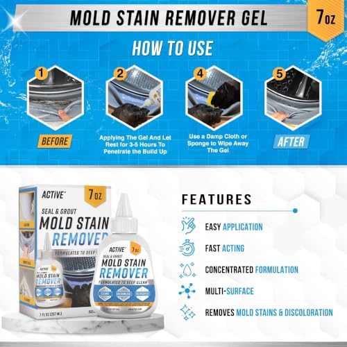 ACTIVE Mold Stain Remover Gel Cleaner Heavy Duty Stain Cleaner for Front Loader Washing Machine Seal, Bathroom Grout, Shower, Caulk - Front Load Washer Cleaning Solution - 7 Fl Oz