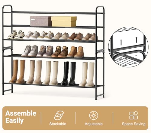 KEETDY 3-Tier Long Shoe Rack for Closet Metal Shoe Organizer for Entryway, Wide Stackable Shoe Storage Shelf with Sturdy Wire Grid for Closet Floor, Bedroom, Black