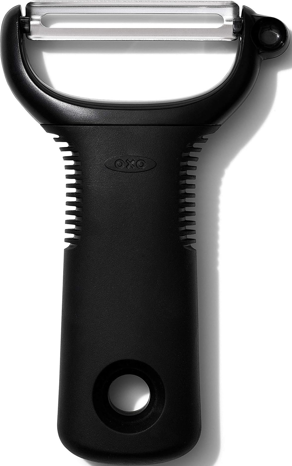 OXO Good Grips Y Peeler | Rubber non-slip handle cushions hands to reduce fatigue during repetitive prep tasks, features an integrated eye cutter