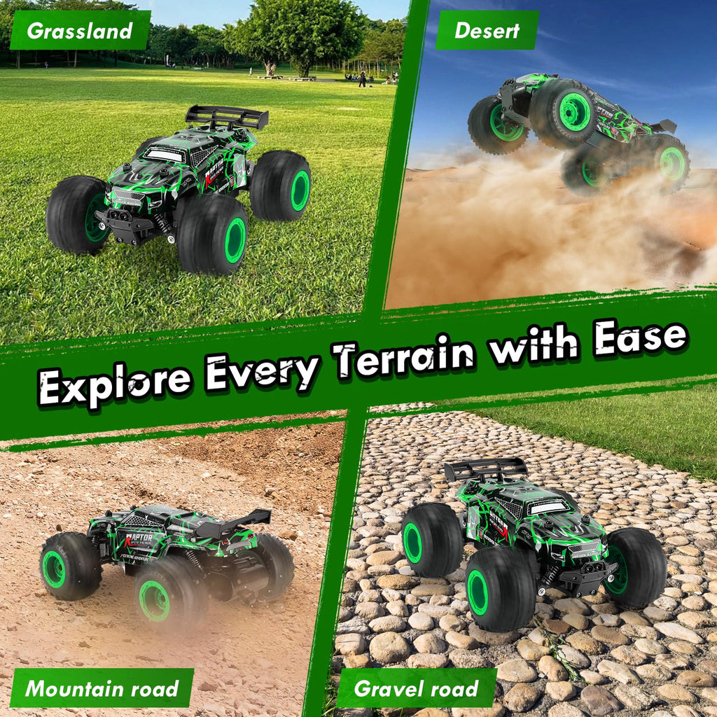 BIFYTON Remote Control Car, All-Terrain Rechargeable Rc Truck Boy Toys | Remote Control Truck with LED Light, 20KM/H, Sturdy PVC Shell, 2-Batteries, Toys for Boys 4-7 8-12 Beginner, Birthday Green