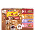 Purina Friskies Extra Gravy Wet Cat Food Chunky Variety, (24) 5.5 oz. Cans | Variety Pack With Chicken, Turkey, Salmon, & Beef cat food in savory gravy, for tender, tasty meals