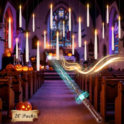 Palmatte 20P Floating Candles with Wand Timer Halloween Decorations Indoor | Upgraded Hanging Floating Candles Battery Operated, Flameless Candles with Remote, Halloween Decor Birthday Party Decorations