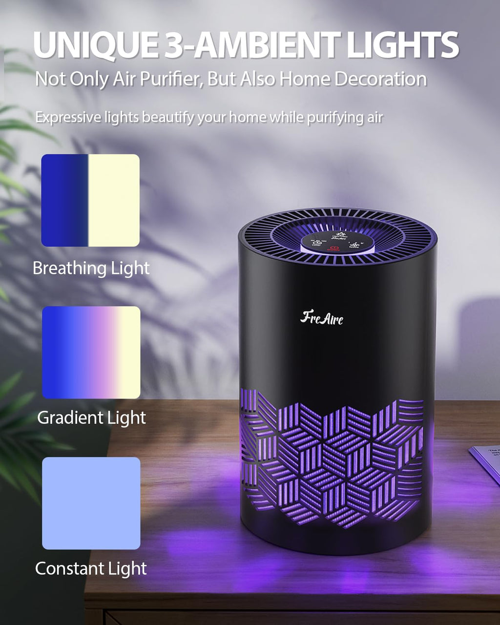 FreAire Air Purifiers for Bedroom Up to 1086 Ft², KN6391RGB, Black | HEPA Air Purifier with 360° Airflow, 20 dB Sleep Mode, 3 Ambient Lights & Aroma Pad for Dust, Smoke, PoIIen & Pet Dander
