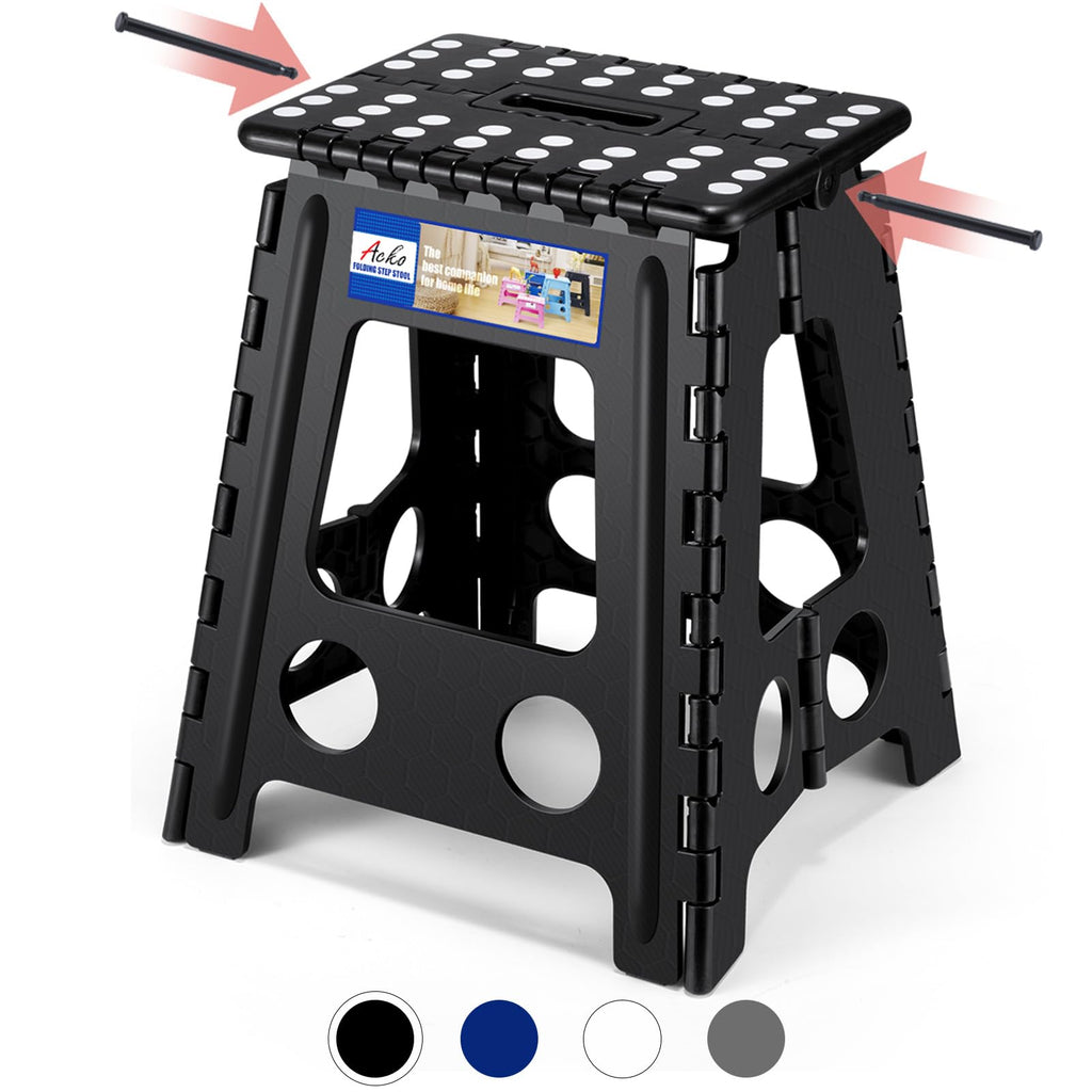 ACKO 16 Inch Folding Step Stool with Safety Lock, Holds 400 lbs, Black | Portable Foldable Stools with Handle, Heavy Duty Collapsible Non-Slip Foot Stool for Adults & Kids, Kitchen Bathroom Outdoor