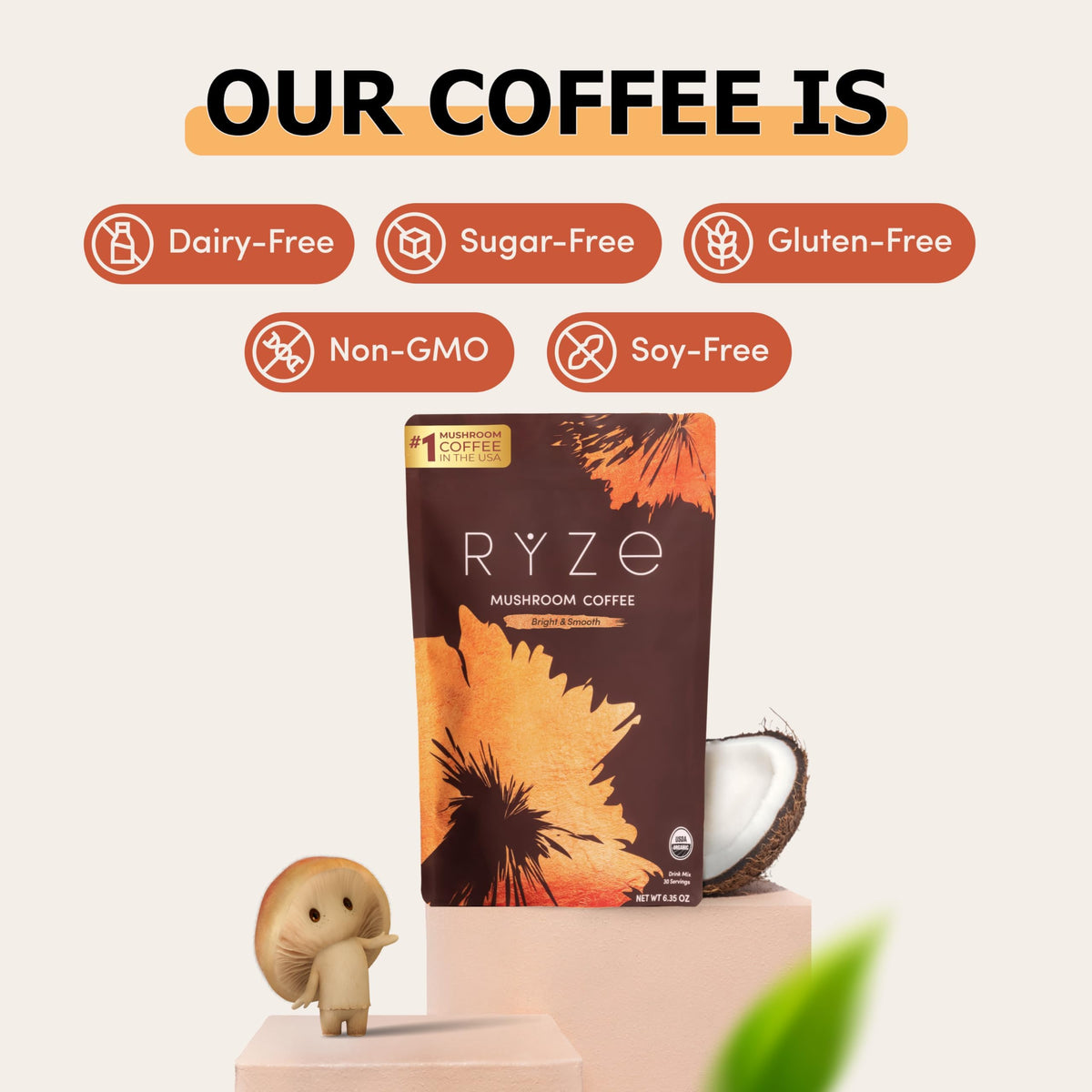 RYZE Organic Mushroom Coffee, Medium Roast, Adaptogenic Blend, 30 Servings | 6 Adaptogenic Mushrooms including Lion's Mane, Turkey Tail & Cordyceps, Made with Organic Coffee, Gluten Free, Vegan