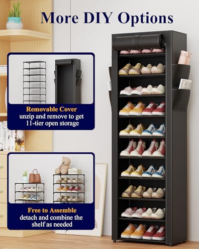 Kitsure 10-Tier Shoe Rack with Cover, Vertical Shelf, 17.5" Wide, Black | Space Saving Shoe Storage with Side Pocket, Shoe Organizer for Closet, Entryway, Bedroom, Zapateras Cabinet