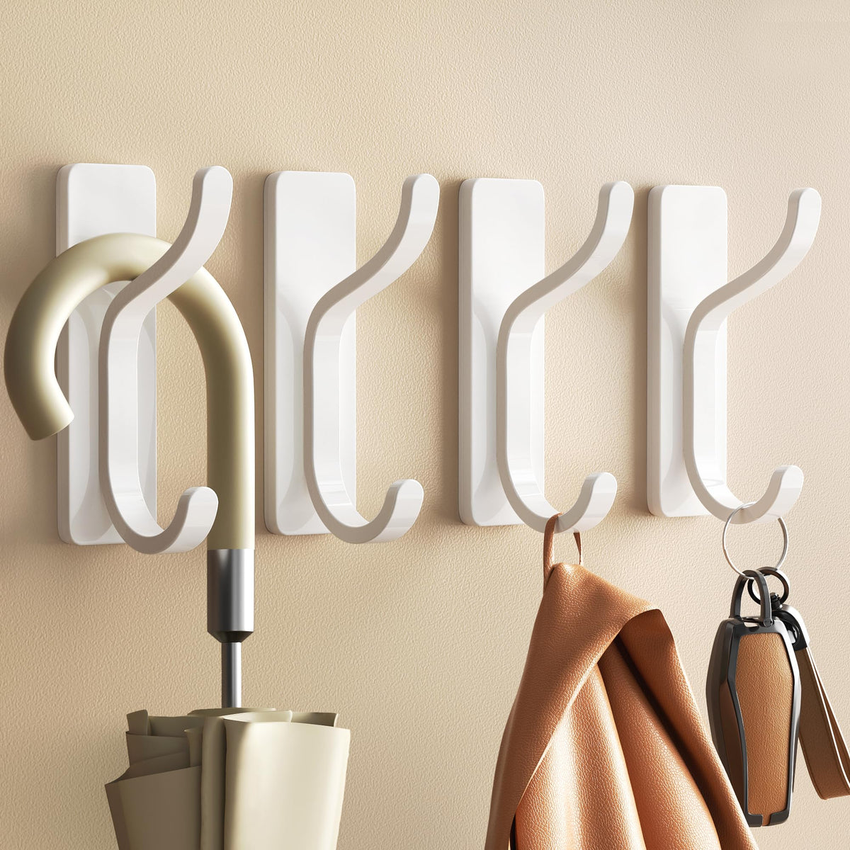 pickpiff Self Adhesive Hooks for Coat,8KG Stick-On Wall Hooks, White 4 Pack | Back of Door Hooks, Bathroom Towel Hooks, Strong Sticky Hooks Heavy Duty, Adhesive Door Hangers for Clothes, Bags, Purses