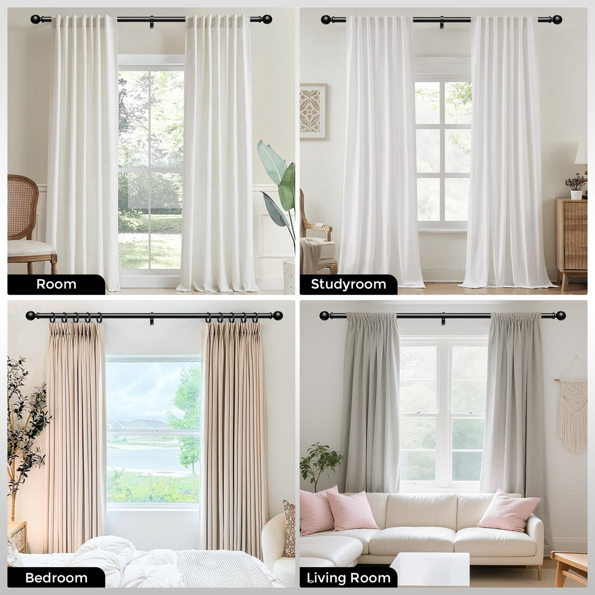 Wolistsa Curtain Rods 36-91 Inch, Black 1 Inch Adjustable Heavy Duty Curtain Rods for Windows, Decorative Modern Window Treatment Rod, Telescopic Splicing Metal Drapery Pole, Easy Installation