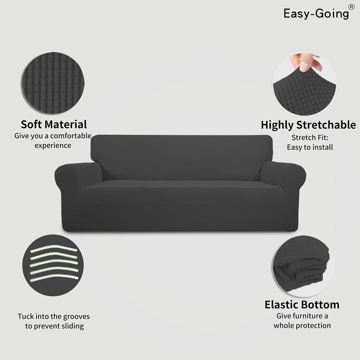 Easy-Going Stretch Couch Covers for Sofa Washable Large Dark Gray | 1-Piece Sofa Covers for 3 Cushion Couch Furniture Protector Couch Slipcover Soft with Elastic Bottom for Kids Pets