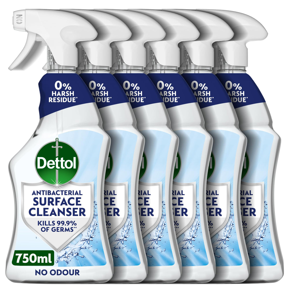 Dettol Surface Cleanser Spray, No Odour, Antibac (6 x 750ml) 4.5L | Multipurpose use, 0% Harsh residue, Rinse free, Non-bleach antibacterial formula, Fragrance free, Kills 99.9% of germs