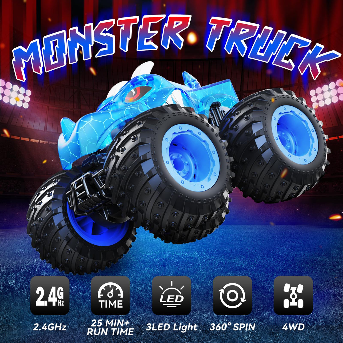 AUUGUU Remote Control Car, 2.4GHz Monster Trucks Toys with Light Spray, Birthday Gift for Kids 3 4 5 6 7 8, All Terrain RC Cars, Toys for Boys Girls 3+ Year Old
