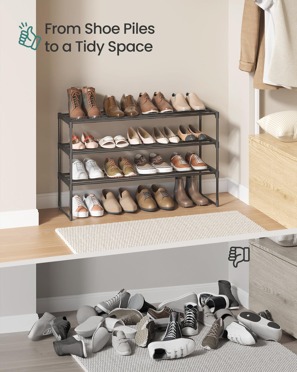 SONGMICS Shoe Rack, 3-Tier Shoe Organizer, Metal Storage Shelf | for Entryway, Upright or Upside Down, for 16-20 Pairs, Stackable, 11.8 x 36.2 x 21.7 Inches, Black ULSA303B02