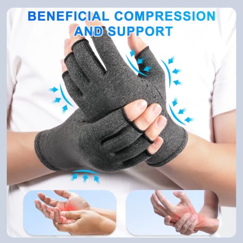 DRNAIETY 2-Pair Arthritis Compression Gloves for Hand Arthritis, Fingerless | for Carpal Tunnel Pain, RSI, Rheumatoid Arthritis | Anti-Slip, Breathable Gloves for Men & Women, Typing, Daily Use (M, Gray)