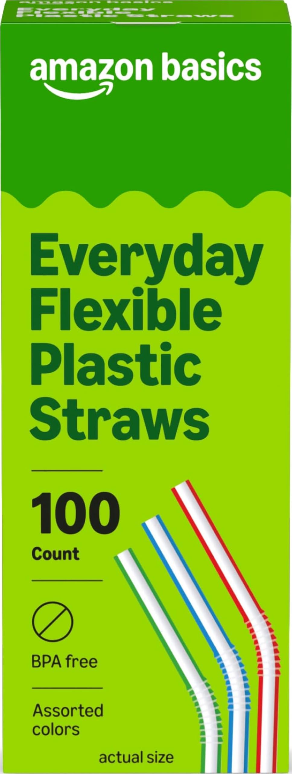 Amazon Basics Disposable Striped Plastic Flex Straws, Assorted Colors, 100 Count, Large Pack, Packaging May Vary