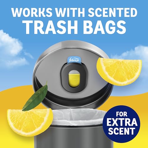 Febreze Odor Fighter, Can Air Freshener, Stick-On Deodorizer for Garbage Cans, Diaper Pails, Works with Scented Bags, Fresh Lemon and Linen & Sky Scents, 2 Holders + 2 Refills