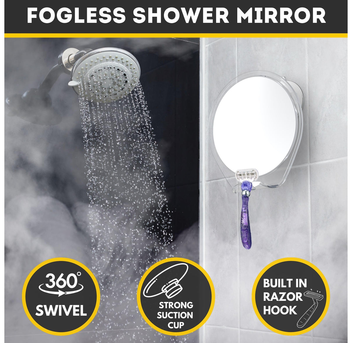 HONEYBULL Fogless Shower Mirror for Shaving with Suction Mount, White | Shatterproof Acrylic Bathroom Accessory With 360 Swivel & Built-in Razor Hook, Clear Reflection in Steam & No-Drill Setup